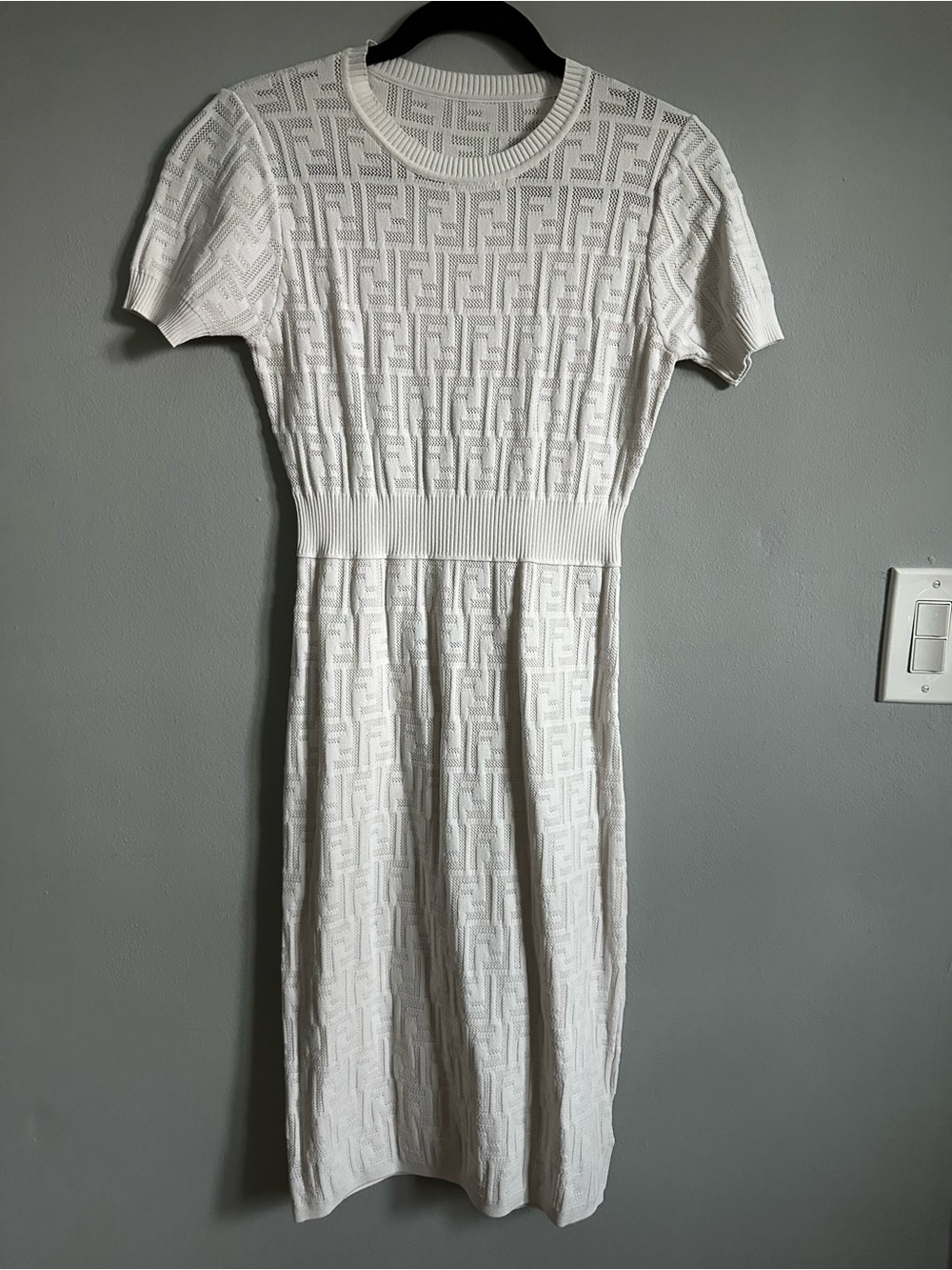 Fendi White FF Embossed Monogram all over logo streamlined dress - Large